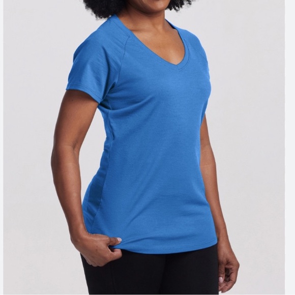 Woolx Mia Merino Wool V-Neck Tee Shirt Short Sleeve Blue Size Large Gorpcore - Picture 1 of 12